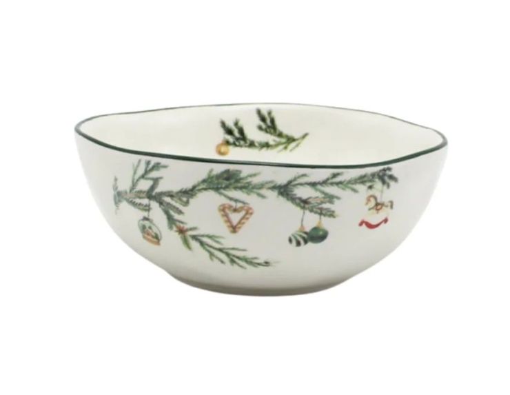 Bol Noël céramique blanc branches sapin vert décorations suspendues boule sucre d'orge cheval bascule liseré vert Ø12,5cm