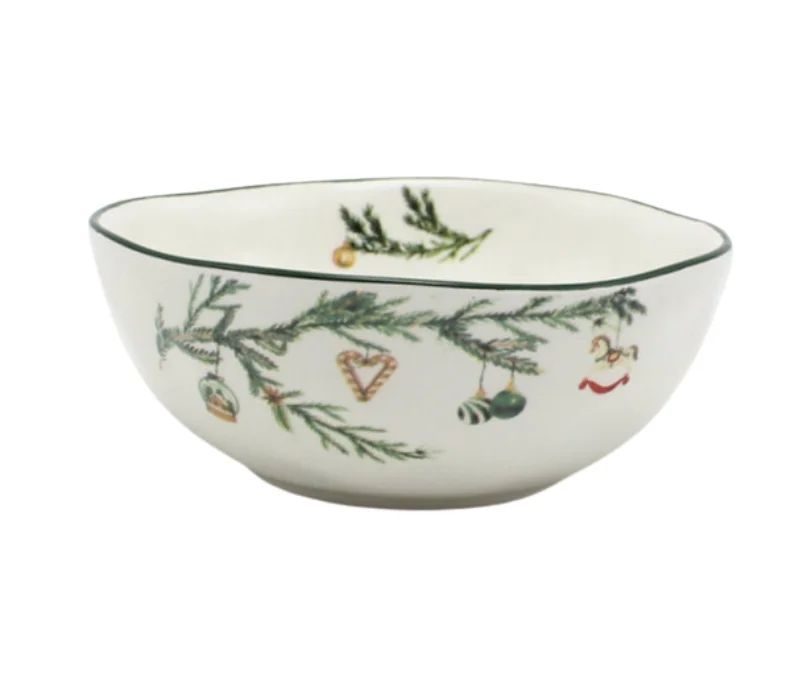 Bol Noël céramique blanc branches sapin vert décorations suspendues boule sucre d'orge cheval bascule liseré vert Ø12,5cm
