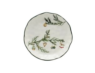 Assiette Noël céramique blanche branches sapin vert décorations suspendues boule cœur cheval bascule bord vert ondulé Ø23cm