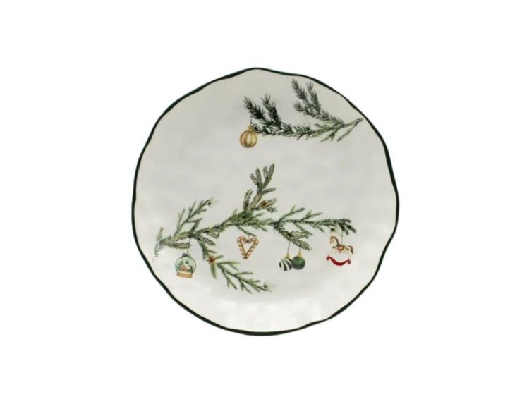 Assiette Noël céramique blanche branches sapin vert décorations suspendues boule cœur cheval bascule bord vert ondulé Ø23cm