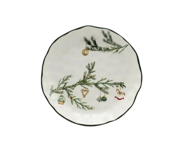 Assiette Noël céramique blanche branches sapin vert décorations suspendues boule cœur cheval bascule bord vert ondulé Ø23cm
