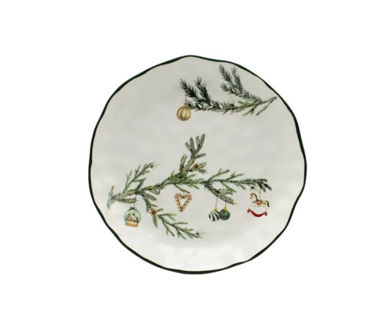 Assiette Noël céramique blanche branches sapin vert décorations suspendues boule cœur cheval bascule bord vert ondulé Ø23cm