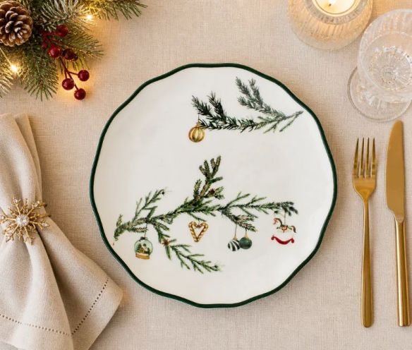 Assiette Noël céramique blanche branches sapin vert décorations suspendues boule cœur cheval bascule bord vert ondulé Ø23cm