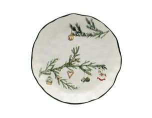Grande assiette Noël céramique blanche branches sapin vert décorations suspendues bord vert ondulé Ø27,8cm