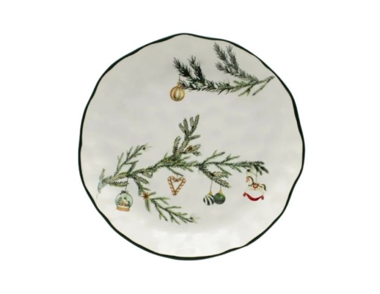 Grande assiette Noël céramique blanche branches sapin vert décorations suspendues bord vert ondulé Ø27,8cm