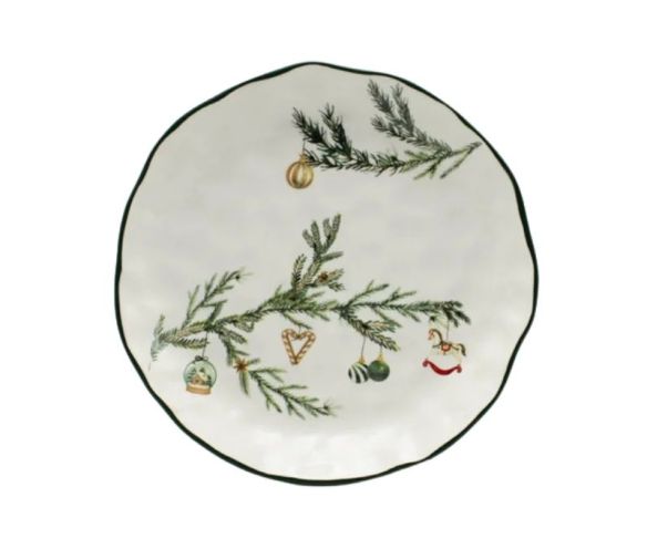 Grande assiette Noël céramique blanche branches sapin vert décorations suspendues bord vert ondulé Ø27,8cm