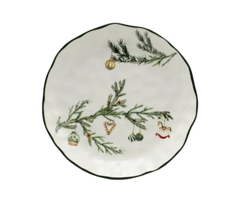 Grande assiette Noël céramique blanche branches sapin vert décorations suspendues bord vert ondulé Ø27,8cm