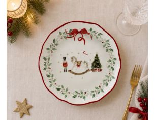 Petite assiette Noël céramique blanche cheval bascule casse-noisette sapin houx nœud rouge bord ondulé Ø17cm - Lilosquare