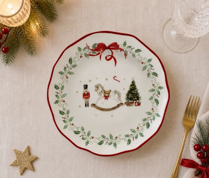 Petite assiette Noël céramique blanche cheval bascule casse-noisette sapin houx nœud rouge bord ondulé Ø17cm - Lilosquare