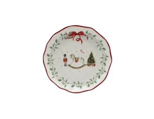 Petite assiette Noël céramique blanche cheval bascule casse-noisette sapin houx nœud rouge bord ondulé Ø17cm - Lilosquare