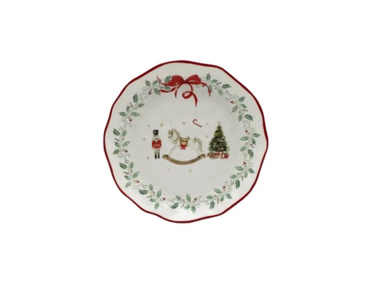 Petite assiette Noël céramique blanche cheval bascule casse-noisette sapin houx nœud rouge bord ondulé Ø17cm - Lilosquare