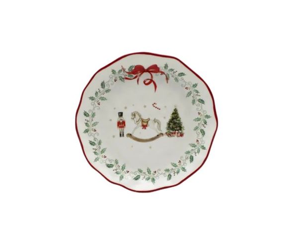 Petite assiette Noël céramique blanche cheval bascule casse-noisette sapin houx nœud rouge bord ondulé Ø17cm - Lilosquare