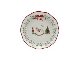 Assiette dessert Noël céramique blanche cheval bascule casse-noisette sapin houx couronne nœud rouge bord ondulé Ø23cm