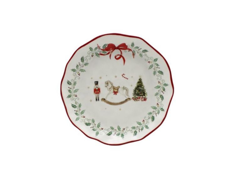 Assiette dessert Noël céramique blanche cheval bascule casse-noisette sapin houx couronne nœud rouge bord ondulé Ø23cm