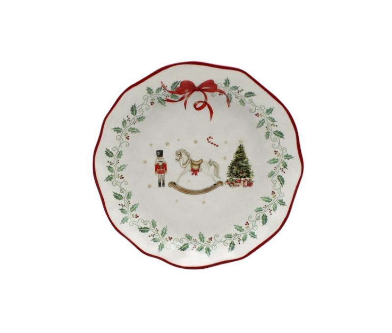 Assiette dessert Noël céramique blanche cheval bascule casse-noisette sapin houx couronne nœud rouge bord ondulé Ø23cm