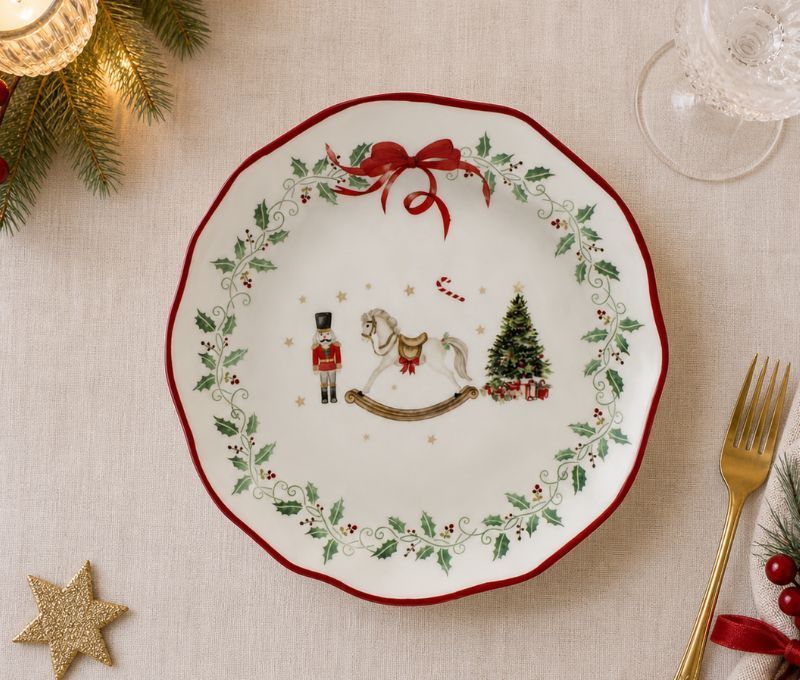 Assiette dessert Noël céramique blanche cheval bascule casse-noisette sapin houx couronne nœud rouge bord ondulé Ø23cm