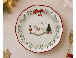 Grande assiette Noël céramique blanche cheval bascule casse-noisette sapin houx couronne nœud rouge bord ondulé Ø28cm