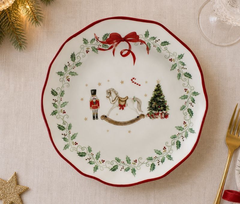 Grande assiette Noël céramique blanche cheval bascule casse-noisette sapin houx couronne nœud rouge bord ondulé Ø28cm