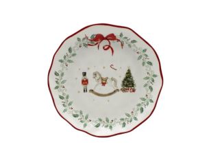 Grande assiette Noël céramique blanche cheval bascule casse-noisette sapin houx couronne nœud rouge bord ondulé Ø28cm