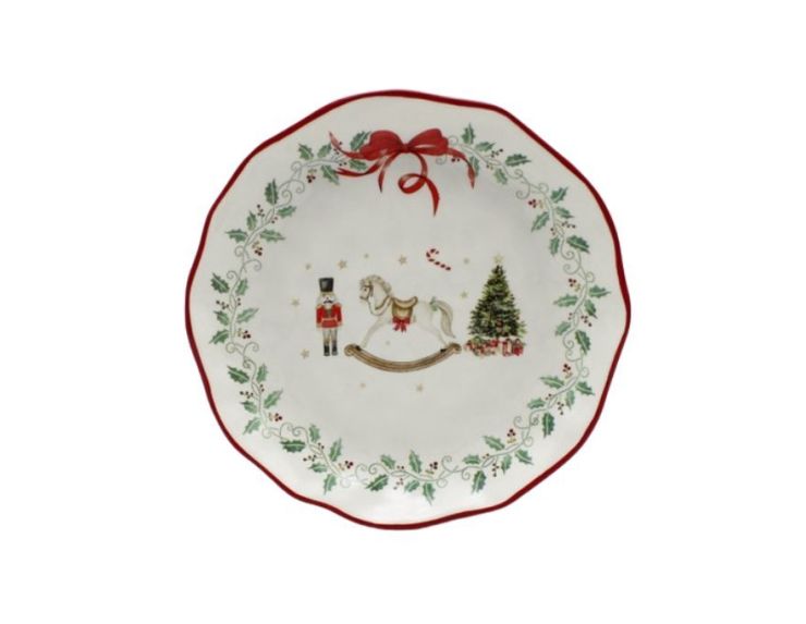 Grande assiette Noël céramique blanche cheval bascule casse-noisette sapin houx couronne nœud rouge bord ondulé Ø28cm