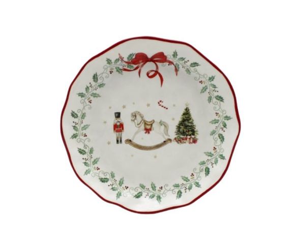 Grande assiette Noël céramique blanche cheval bascule casse-noisette sapin houx couronne nœud rouge bord ondulé Ø28cm