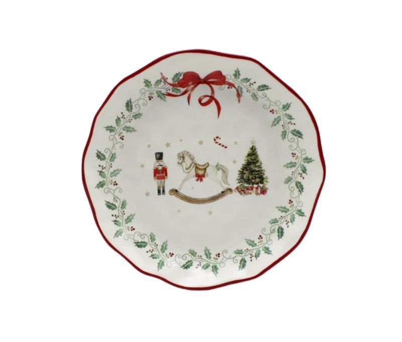 Grande assiette Noël céramique blanche cheval bascule casse-noisette sapin houx couronne nœud rouge bord ondulé Ø28cm