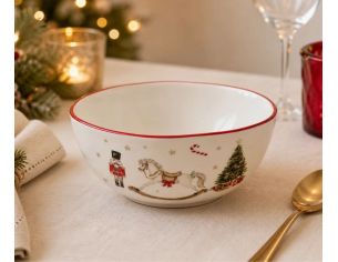 Petit bol Noël céramique blanc cheval bascule casse-noisette sucre d'orge sapin étoiles dorées liseré rouge Ø12cm - Lilosquare
