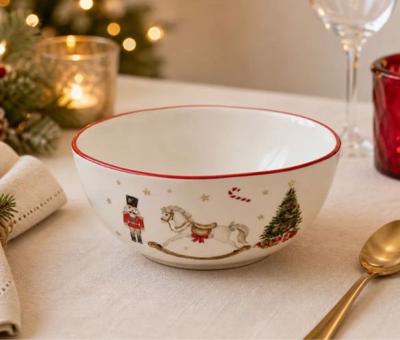 Petit bol Noël céramique blanc cheval bascule casse-noisette sucre d'orge sapin étoiles dorées liseré rouge Ø12cm - Lilosquare