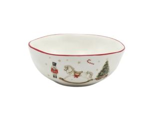 Petit bol Noël céramique blanc cheval bascule casse-noisette sucre d'orge sapin étoiles dorées liseré rouge Ø12cm - Lilosquare