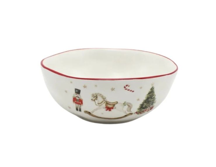 Petit bol Noël céramique blanc cheval bascule casse-noisette sucre d'orge sapin étoiles dorées liseré rouge Ø12cm - Lilosquare