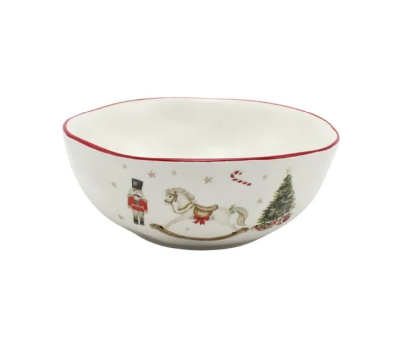 Petit bol Noël céramique blanc cheval bascule casse-noisette sucre d'orge sapin étoiles dorées liseré rouge Ø12cm - Lilosquare