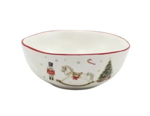 Bol Noël céramique blanc cheval bascule casse-noisette sucre d'orge sapin étoiles dorées liseré rouge Ø17cm - Lilosquare