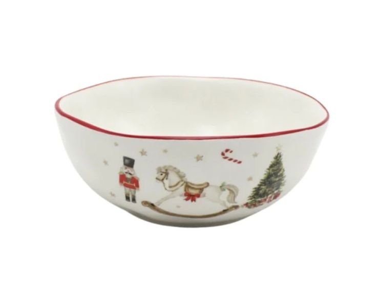 Bol Noël céramique blanc cheval bascule casse-noisette sucre d'orge sapin étoiles dorées liseré rouge Ø17cm - Lilosquare
