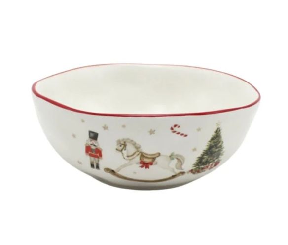 Bol Noël céramique blanc cheval bascule casse-noisette sucre d'orge sapin étoiles dorées liseré rouge Ø17cm - Lilosquare