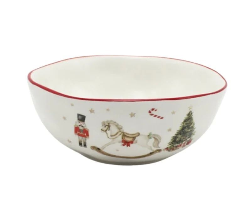 Bol Noël céramique blanc cheval bascule casse-noisette sucre d'orge sapin étoiles dorées liseré rouge Ø17cm - Lilosquare