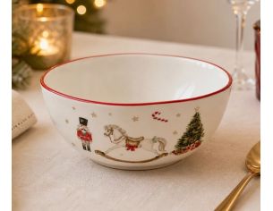 Bol Noël céramique blanc cheval bascule casse-noisette sucre d'orge sapin étoiles dorées liseré rouge Ø17cm - Lilosquare