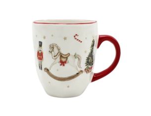 Tasse Noël céramique blanche cheval bascule casse-noisette sucre d'orge sapin étoiles dorées liseré anse rouge 300ml
