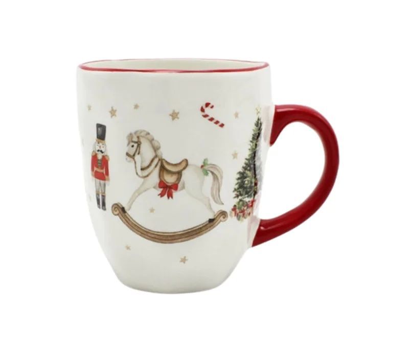 Tasse Noël céramique blanche cheval bascule casse-noisette sucre d'orge sapin étoiles dorées liseré anse rouge 300ml
