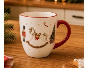 Tasse Noël céramique blanche cheval bascule casse-noisette sucre d'orge sapin étoiles dorées liseré anse rouge 300ml