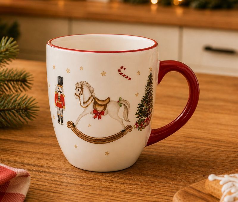 Tasse Noël céramique blanche cheval bascule casse-noisette sucre d'orge sapin étoiles dorées liseré anse rouge 300ml