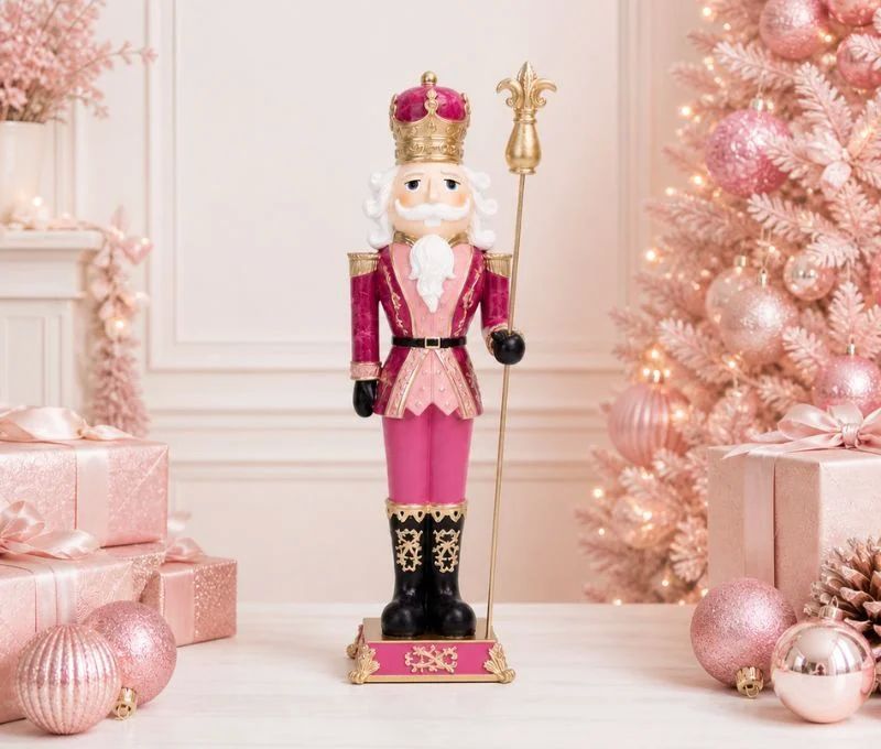 Figurine casse-noisette résine rose fuchsia or couronne royale sceptre fleur de lys bottes noires H47cm - Lilosquare