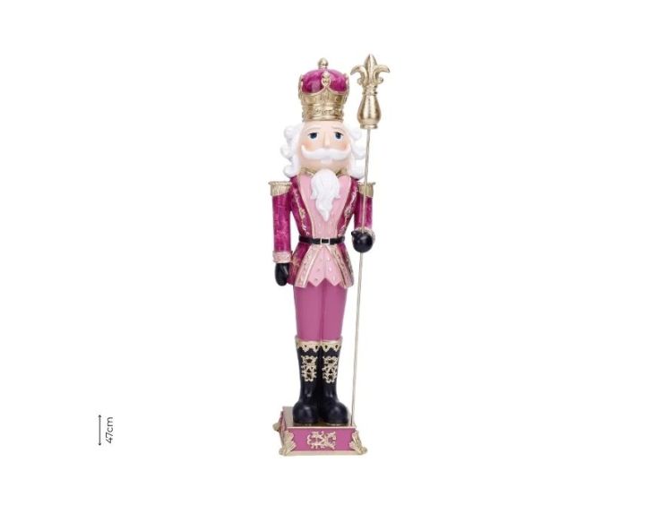 Figurine casse-noisette résine rose fuchsia or couronne royale sceptre fleur de lys bottes noires H47cm - Lilosquare