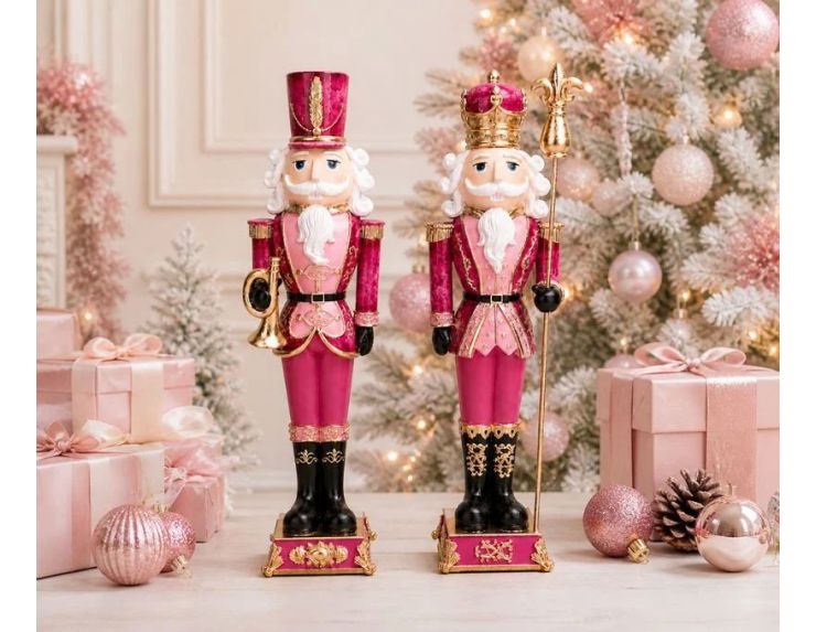 Figurine casse-noisette résine rose fuchsia or chapeau militaire trompette dorée bottes noires H47cm - Lilosquare