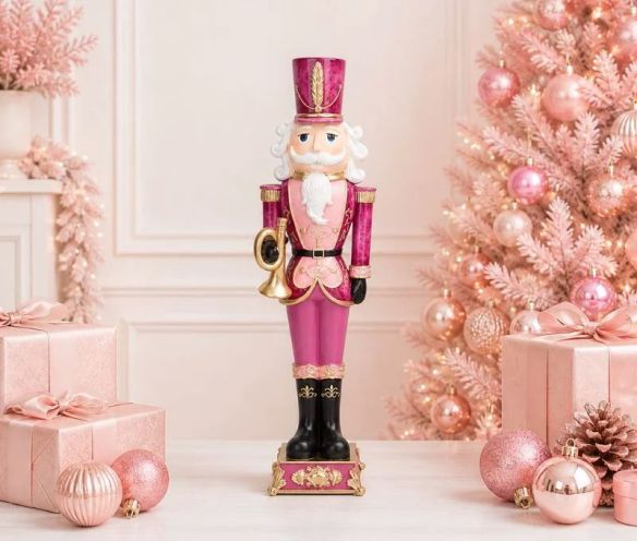 Figurine casse-noisette résine rose fuchsia or chapeau militaire trompette dorée bottes noires H47cm - Lilosquare