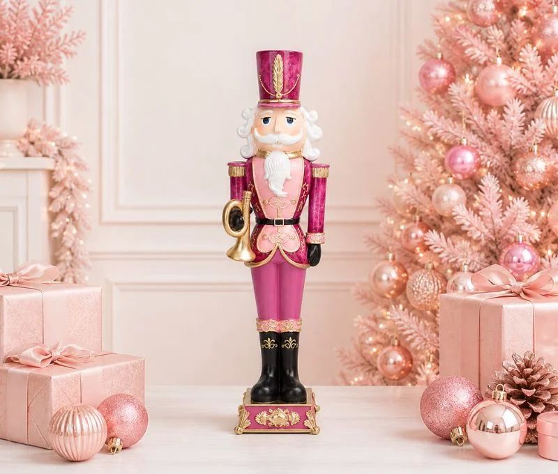 Figurine casse-noisette résine rose fuchsia or chapeau militaire trompette dorée bottes noires H47cm - Lilosquare