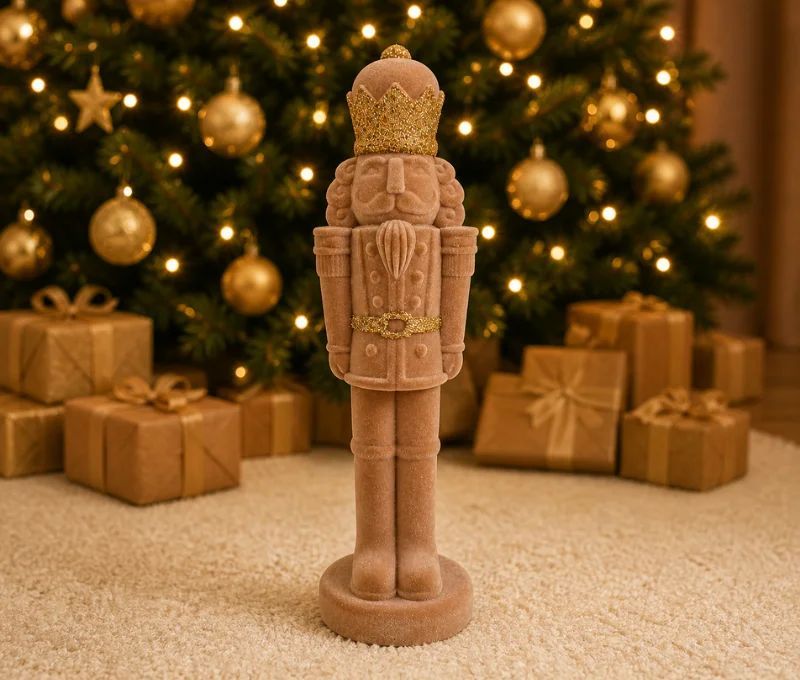 Grande figurine casse-noisette flocqué velours beige sable couronne paillettes dorées ceinture or H80cm - Lilosquare