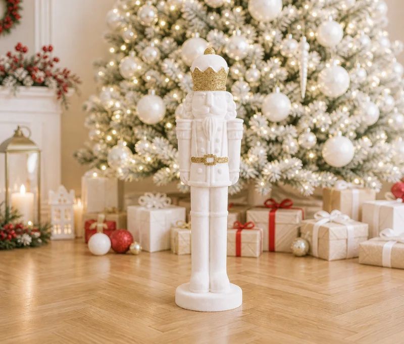 Grande figurine casse-noisette floqué velours blanc couronne paillettes dorées ceinture or H50cm - Lilosquare