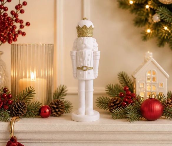 Grande figurine casse-noisette floqué velours blanc couronne paillettes dorées ceinture or H30cm - Lilosquare