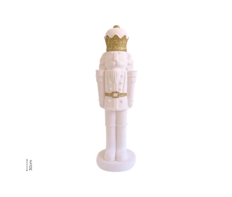 Grande figurine casse-noisette floqué velours blanc couronne paillettes dorées ceinture or H30cm - Lilosquare