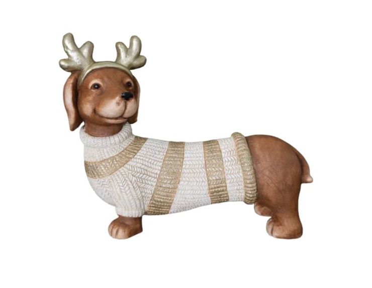 Figurine teckel Noël magnésie pull tricoté blanc rayures dorées bois de renne dorés 42cm - Lilosquare